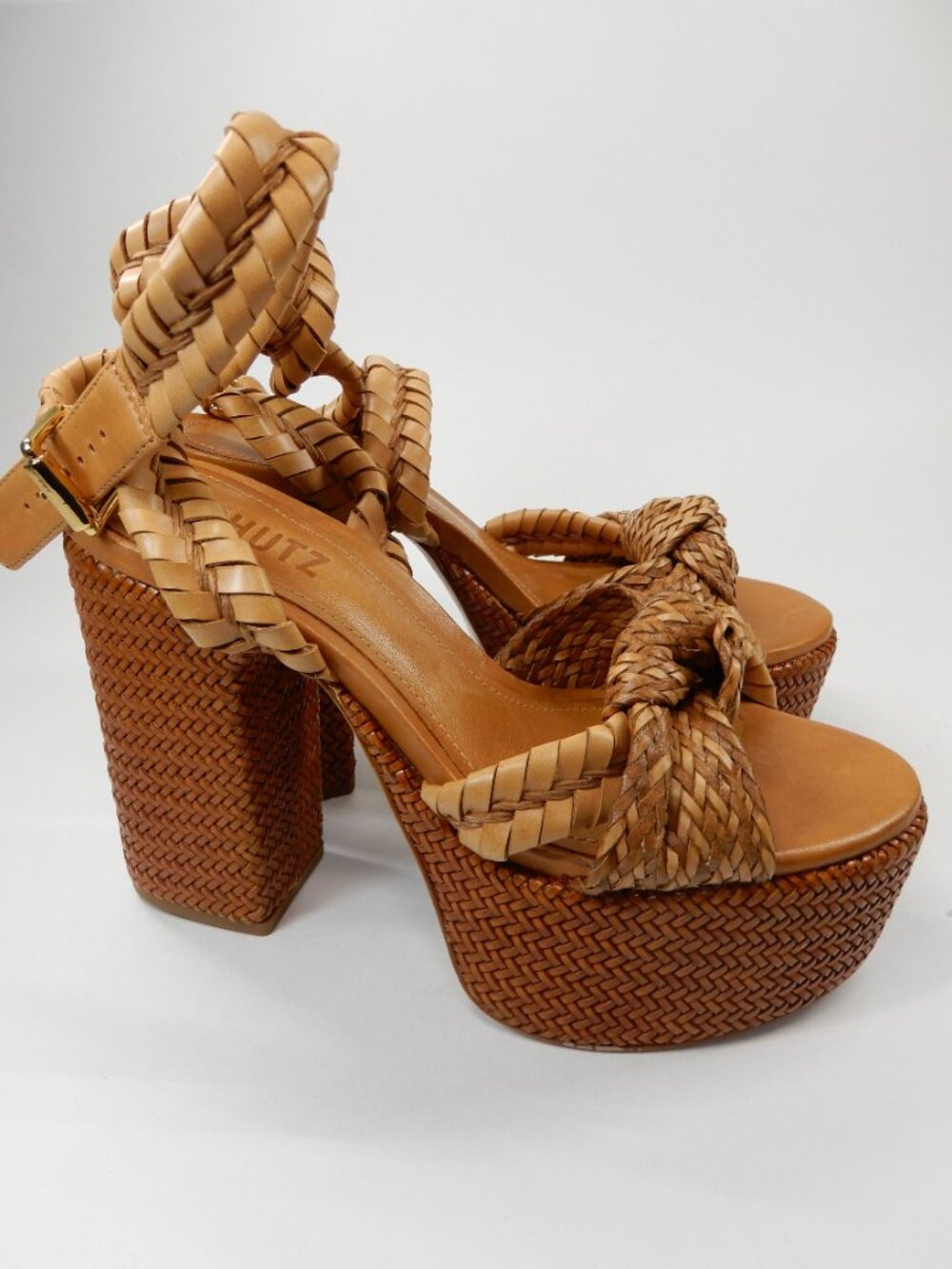 Schutz Khari Chunky Platform Sandals Size 6.5 Brown Woven Block Heel NEW - Picture 7 of 16